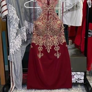 Maroon and Gold Homecoming Dress.